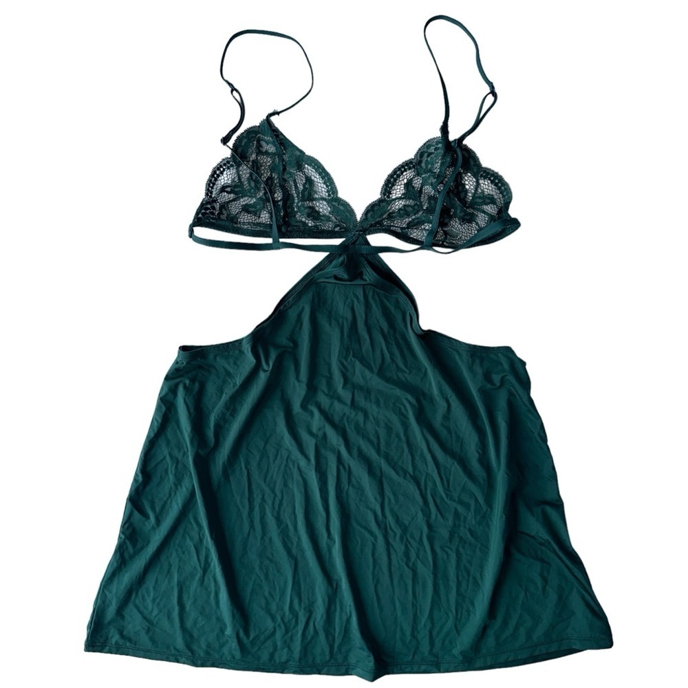 LA SENZA BABYDOLL CAMI TOP WOMENS M DARK GREEN SHEER LACE BRA SEXY LINGERIE - Picture 15 of 15